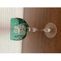 STUNNING VTG Green Cut To Clear UNIQUE Cut Grape Etched Crystal Wine Glass 7.5"H