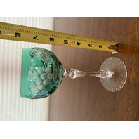 STUNNING VTG Green Cut To Clear UNIQUE Cut Grape Etched Crystal Wine Glass 7.5"H