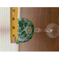 STUNNING VTG Green Cut To Clear UNIQUE Cut Grape Etched Crystal Wine Glass 7.5"H