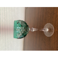 STUNNING VTG Green Cut To Clear UNIQUE Cut Grape Etched Crystal Wine Glass 7.5"H
