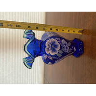 STUNNING VTG FENTON 75th ANNIVERSARY Cobalt Blue Floral PAINTED Vase 9.5" SIGNED