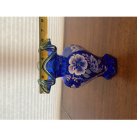 STUNNING VTG FENTON 75th ANNIVERSARY Cobalt Blue Floral PAINTED Vase 9.5" SIGNED