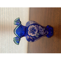 STUNNING VTG FENTON 75th ANNIVERSARY Cobalt Blue Floral PAINTED Vase 9.5" SIGNED