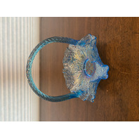 STUNNING VTG FENTON Celeste Blue Iridescent PEACOCK DAHLIA Glass Basket 6.25"H
