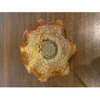 STUNNING VTG FENTON Marigold Iridescent LEAF CHAIN Glass Scalloped Bowl 8.75"W