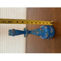 UNUSUAL ANTIQUE Blue & White Splatter Floral Enamel W/Gold Decanter/Bottle 10.5"