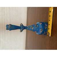 UNUSUAL ANTIQUE Blue & White Splatter Floral Enamel W/Gold Decanter/Bottle 10.5"