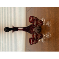 STUNNING VTG Ruby Red Cut To Clear Glass Decanter & 4 Matching Cordials SET(5)