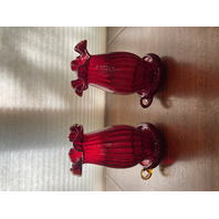 BEAUTIFUL PAIR Of VTG FENTON Amberina Hurricane Candle Lamps W/Bases 9.5"H