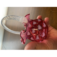 STUNNING VTG FENTON Cranberry Opalescent HEART OPTIC Swirl Handle Basket 6.25"H