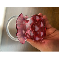 STUNNING VTG FENTON Cranberry Opalescent HEART OPTIC Swirl Handle Basket 6.25"H