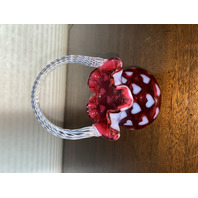 STUNNING VTG FENTON Cranberry Opalescent HEART OPTIC Swirl Handle Basket 6.25"H