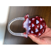 STUNNING VTG FENTON Cranberry Opalescent HEART OPTIC Swirl Handle Basket 6.25"H