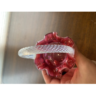 STUNNING VTG FENTON Cranberry Opalescent HEART OPTIC Swirl Handle Basket 6.25"H