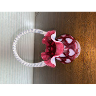 STUNNING VTG FENTON Cranberry Opalescent HEART OPTIC Swirl Handle Basket 7.25"H