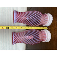 BEAUTIFUL PAIR Of VTG FENTON Cranberry Opalescent Swirl Optic Candle Lamps 11"H