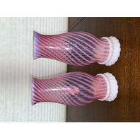 BEAUTIFUL PAIR Of VTG FENTON Cranberry Opalescent Swirl Optic Candle Lamps 11"H