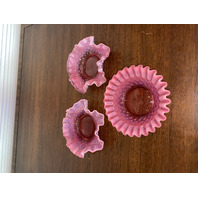 3 VTG BEAUTIFUL FENTON Small Pink Opalescent Hobnail Ruffled Rim Candy Dishes