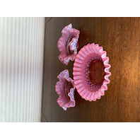 3 VTG BEAUTIFUL FENTON Small Pink Opalescent Hobnail Ruffled Rim Candy Dishes