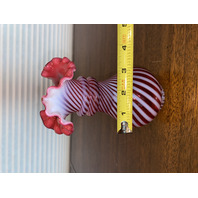 BEAUTIFUL VTG FENTON Cranberry Opalescent Candy Cane Swirl 2 Ring Vase 6.25"H