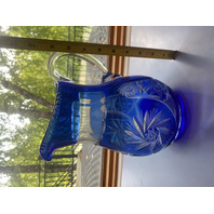 VTG Cobalt Blue Cut To Clear Pinwheel & Hobstar Art Glass Pitcher 9.25"H