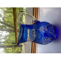 VTG Cobalt Blue Cut To Clear Pinwheel & Hobstar Art Glass Pitcher 9.25"H