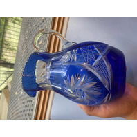 VTG Cobalt Blue Cut To Clear Pinwheel & Hobstar Art Glass Pitcher 9.25"H