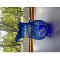 VTG Cobalt Blue Cut To Clear Pinwheel & Hobstar Art Glass Pitcher 9.25"H