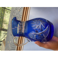 VTG Cobalt Blue Cut To Clear Pinwheel & Hobstar Art Glass Pitcher 9.25"H