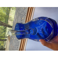 VTG Cobalt Blue Cut To Clear Pinwheel & Hobstar Art Glass Pitcher 9.25"H