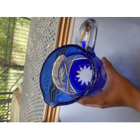 VTG Cobalt Blue Cut To Clear Pinwheel & Hobstar Art Glass Pitcher 9.25"H