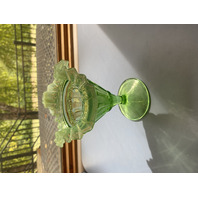 Vintage Green Opalescent Northwood Glass Footed Vase 6"H