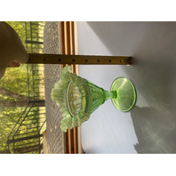 Vintage Green Opalescent Northwood Glass Footed Vase 6"H