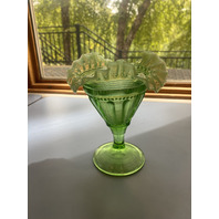 Vintage Green Opalescent Northwood Glass Footed Vase 6"H