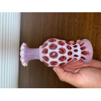 BEAUTIFUL VTG FENTON Cranberry Opalescent COIN DOT Ruffled Rim Glass Vase 6.5"H