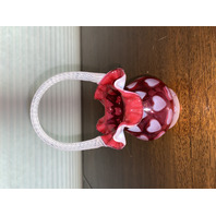 STUNNING VTG FENTON Cranberry Opalescent HEART OPTIC Swirl Handle Basket 7.25"H