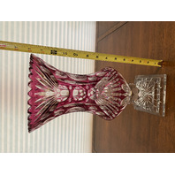 RARE STUNNING VTG LARGE/HEAVY Cranberry Cut To Clear Crystal Footed Vase 14"H