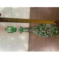 STUNNING VTG Green Cut To Clear Art Glass Decanter W/Stopper 12.25"H