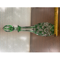 STUNNING VTG Green Cut To Clear Art Glass Decanter W/Stopper 12.25"H