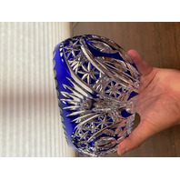 STUNNING VTG Bohemian Cobalt Blue Cut To Clear LARGE Crystal Oval Bowl 9.75"L