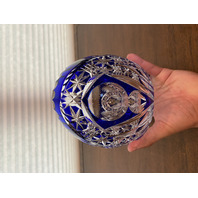 STUNNING VTG Bohemian Cobalt Blue Cut To Clear LARGE Crystal Oval Bowl 9.75"L