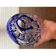 STUNNING VTG Bohemian Cobalt Blue Cut To Clear LARGE Crystal Oval Bowl 9.75"L