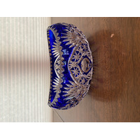 STUNNING VTG Bohemian Cobalt Blue Cut To Clear LARGE Crystal Oval Bowl 9.75"L