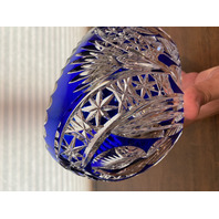STUNNING VTG Bohemian Cobalt Blue Cut To Clear LARGE Crystal Oval Bowl 9.75"L