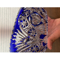 STUNNING VTG Bohemian Cobalt Blue Cut To Clear LARGE Crystal Oval Bowl 9.75"L