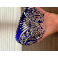 STUNNING VTG Bohemian Cobalt Blue Cut To Clear LARGE Crystal Oval Bowl 9.75"L