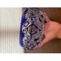 STUNNING VTG Bohemian Cobalt Blue Cut To Clear LARGE Crystal Oval Bowl 9.75"L