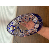 STUNNING VTG Bohemian Cobalt Blue Cut To Clear LARGE Crystal Oval Bowl 9.75"L