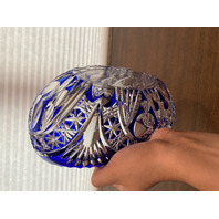 STUNNING VTG Bohemian Cobalt Blue Cut To Clear LARGE Crystal Oval Bowl 9.75"L