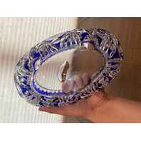 STUNNING VTG Bohemian Cobalt Blue Cut To Clear LARGE Crystal Oval Bowl 9.75"L